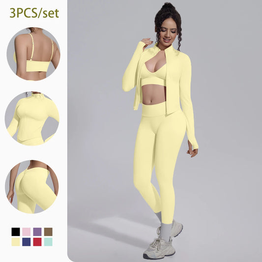 Nahtloses Yoga-Set Damen Hellgelb: Sport-BH, Leggings, langärmlige Jacke
