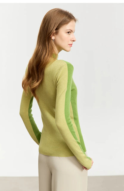 Damen-Halbrollkragen-Pullover Slim Patchwork Wolle-Mix Herbst-Winter