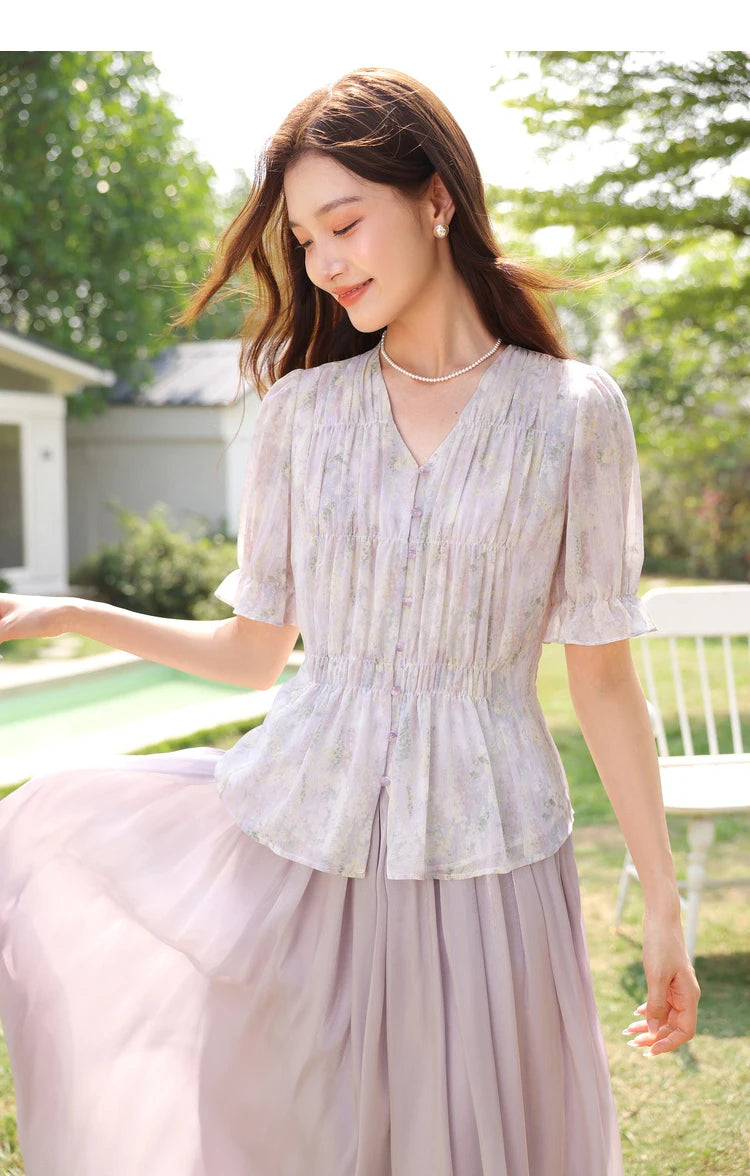 Damen-Lyocell-Bluse mit Reverskragen und Druckmuster – Einreihig und Komfortabel für Frühling und Sommer
