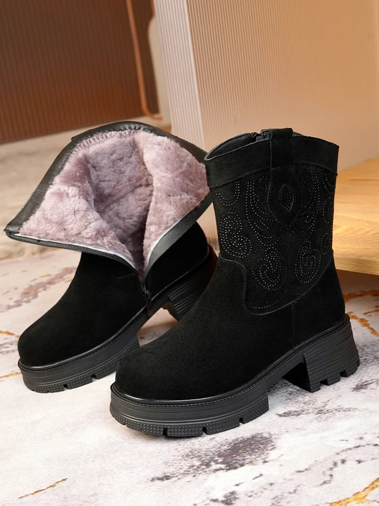 AIYUQI Western Cowboy Boots Women 2025 New Genuine Leather Winter Shoes Boots Women Short Tube Fashion Women's Snow Boots