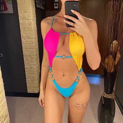 Damen Badeanzug Neckholder Cut-Out rückenfrei Monokini hoher Beinausschnitt gepolstert