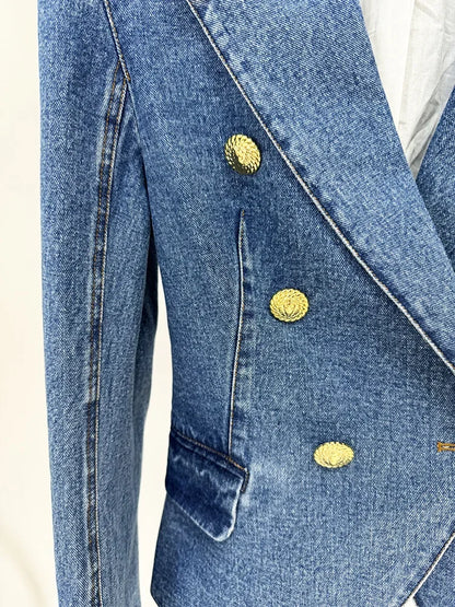 Damen-Blazer Set Jeansjacke Minirock doppelreihig Löwenknopf