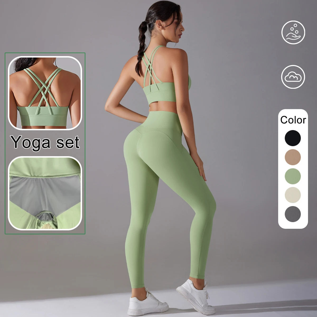 Damen-Yoga-Set in Hellgrün: enges Top und Leggings, Rückansicht mit gekreuzten Trägern