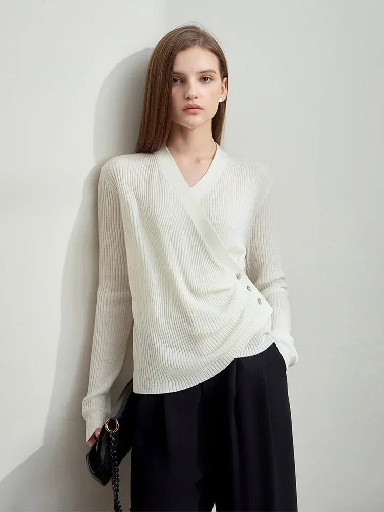 Damen V-Ausschnitt Pullover plissiert Muschelschnalle Wolle Herbst
