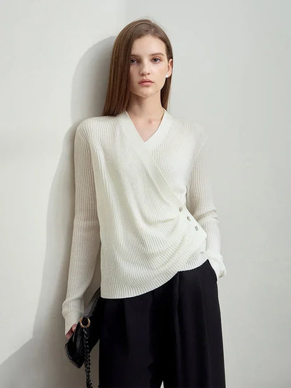 Damen V-Ausschnitt Pullover plissiert Muschelschnalle Wolle Herbst