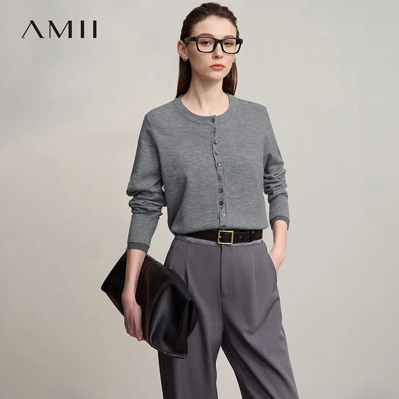 Damen-Rundhalspullover Strickjacke einfarbig einreihig Herbst-Winter
