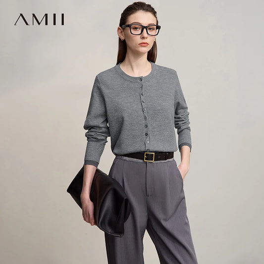 Damen-Rundhalspullover Strickjacke einfarbig einreihig Herbst-Winter