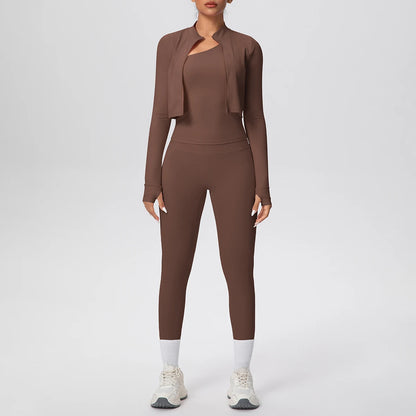 Damen-Yoga-Set in braun: Langarmoberteil mit offener Jacke und Leggings
