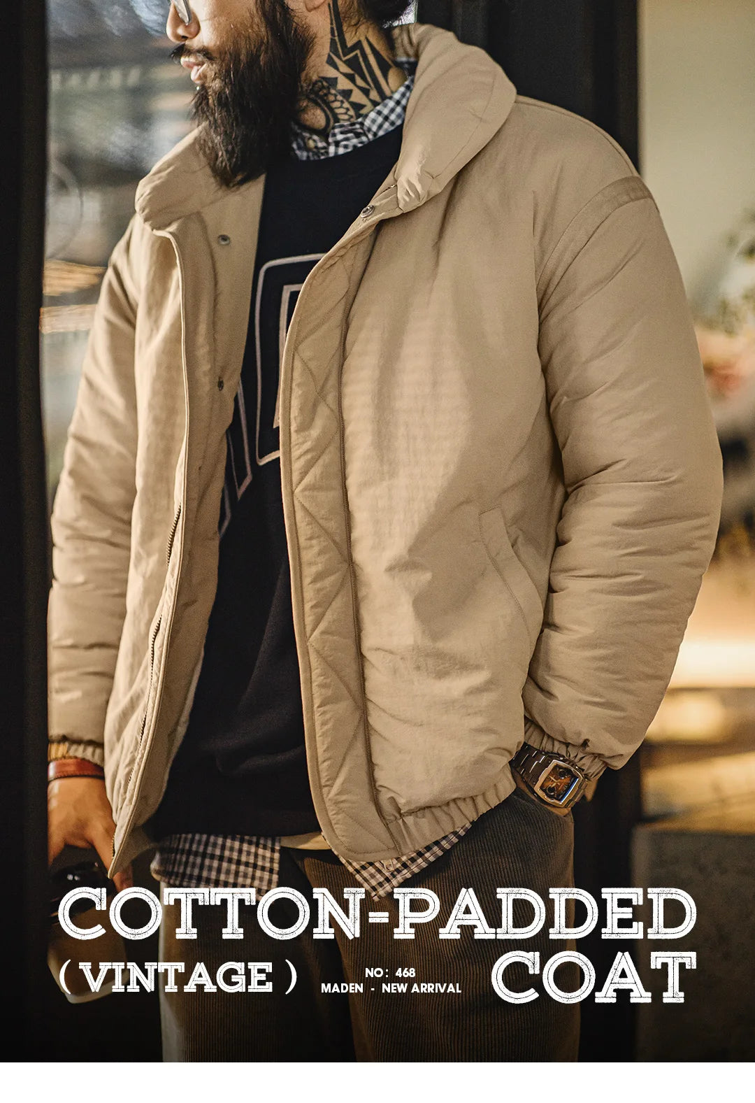 Herren Mantel Retro Khaki Stehkragen gefütterte Puffjacke mit Reißverschluss