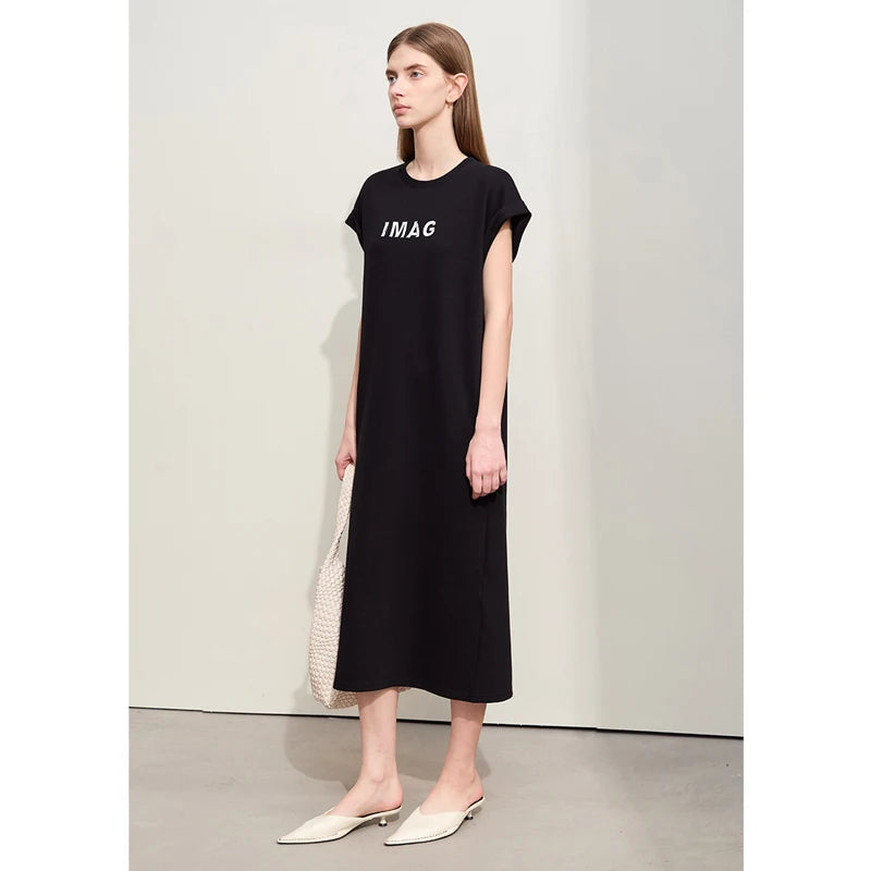 Damen Kleid für Sommer neue lässige O-Ausschnitt Kurzarm Midi gerade Perlen Stickerei Kleid Dame