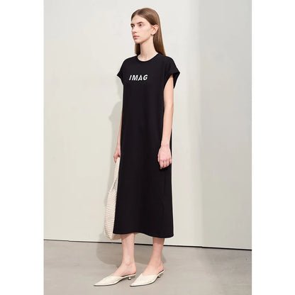 Damen Kleid für Sommer neue lässige O-Ausschnitt Kurzarm Midi gerade Perlen Stickerei Kleid Dame