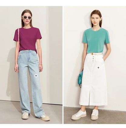 Damen T-Shirt im minimalistischen Stil mit lässigem O-Ausschnitt und kurzen Ärmeln