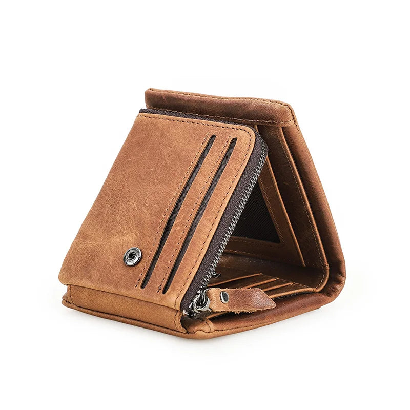 Herren Echtleder Geldbörse Vintage Trifold Haspe Reißverschluss Kartenhalter Geldclip
