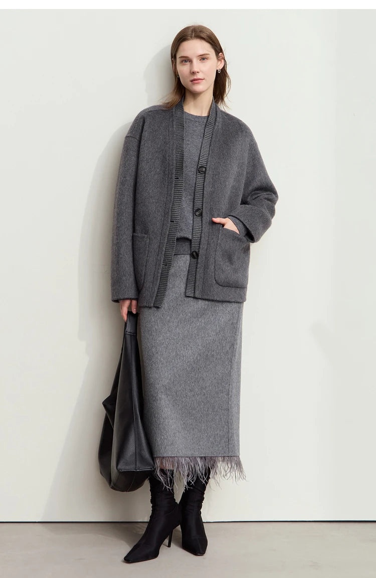 Damen-Rundhalspullover Wolle-Kaschmir nahtlos Streetwear Herbst-Winter