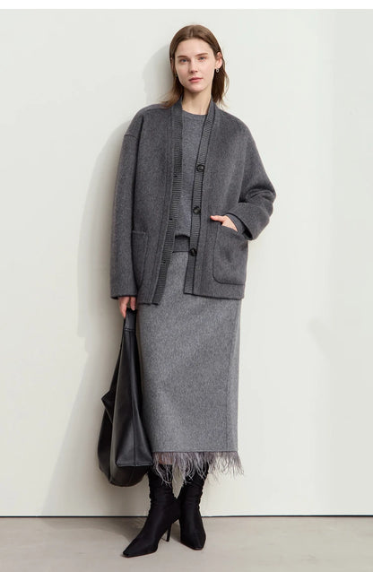 Damen-Rundhalspullover Wolle-Kaschmir nahtlos Streetwear Herbst-Winter