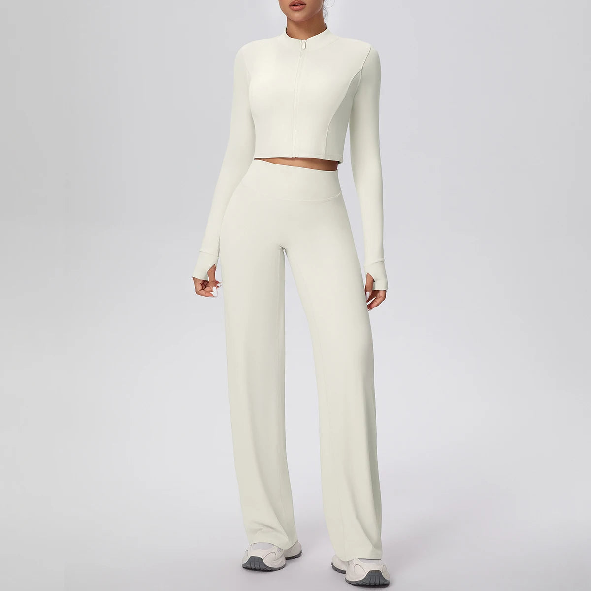 Cremefarbenes Yoga-Set für Damen: Zip-Crop-Top und lange, hochbundige Hose