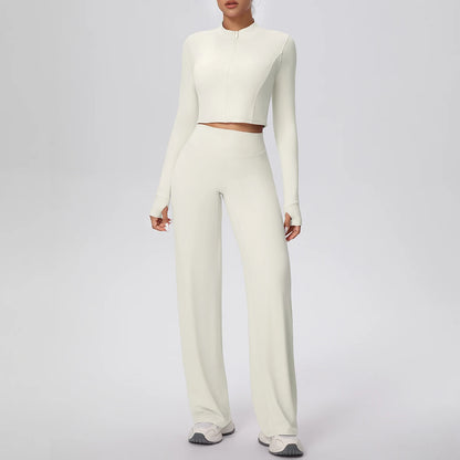 Cremefarbenes Yoga-Set für Damen: Zip-Crop-Top und lange, hochbundige Hose