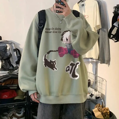 Japanischer Vintage-Pullover mit Fleece, Rundhalsausschnitt und Print – Lässiger Langarm-Hoodie für Herren im Winter.