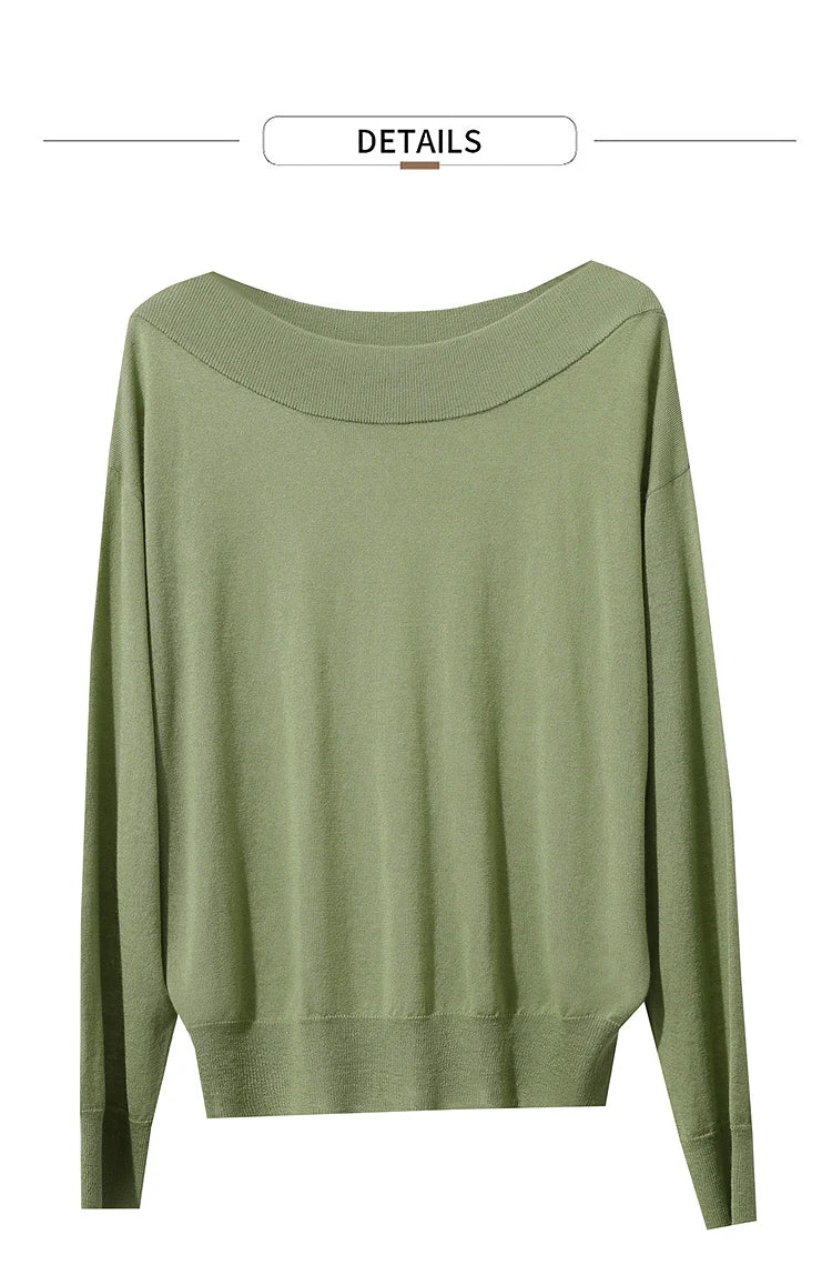 Grüner Wollstrick-Pullover, weitem Langarm, Rundhalsausschnitt, sanft fließende Form