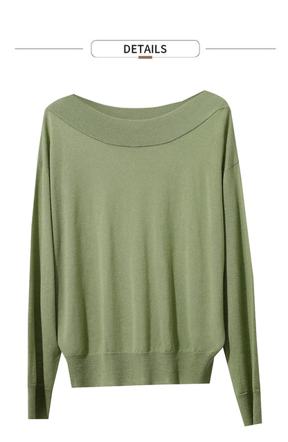 Grüner Wollstrick-Pullover, weitem Langarm, Rundhalsausschnitt, sanft fließende Form