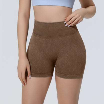 Braune nahtlose Yoga-Shorts mit hohem Bund, eng anliegend und blickdicht