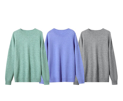 Strickpullover in drei Farben: Mintgrün, Blau und Grau, Rundhalsausschnitt