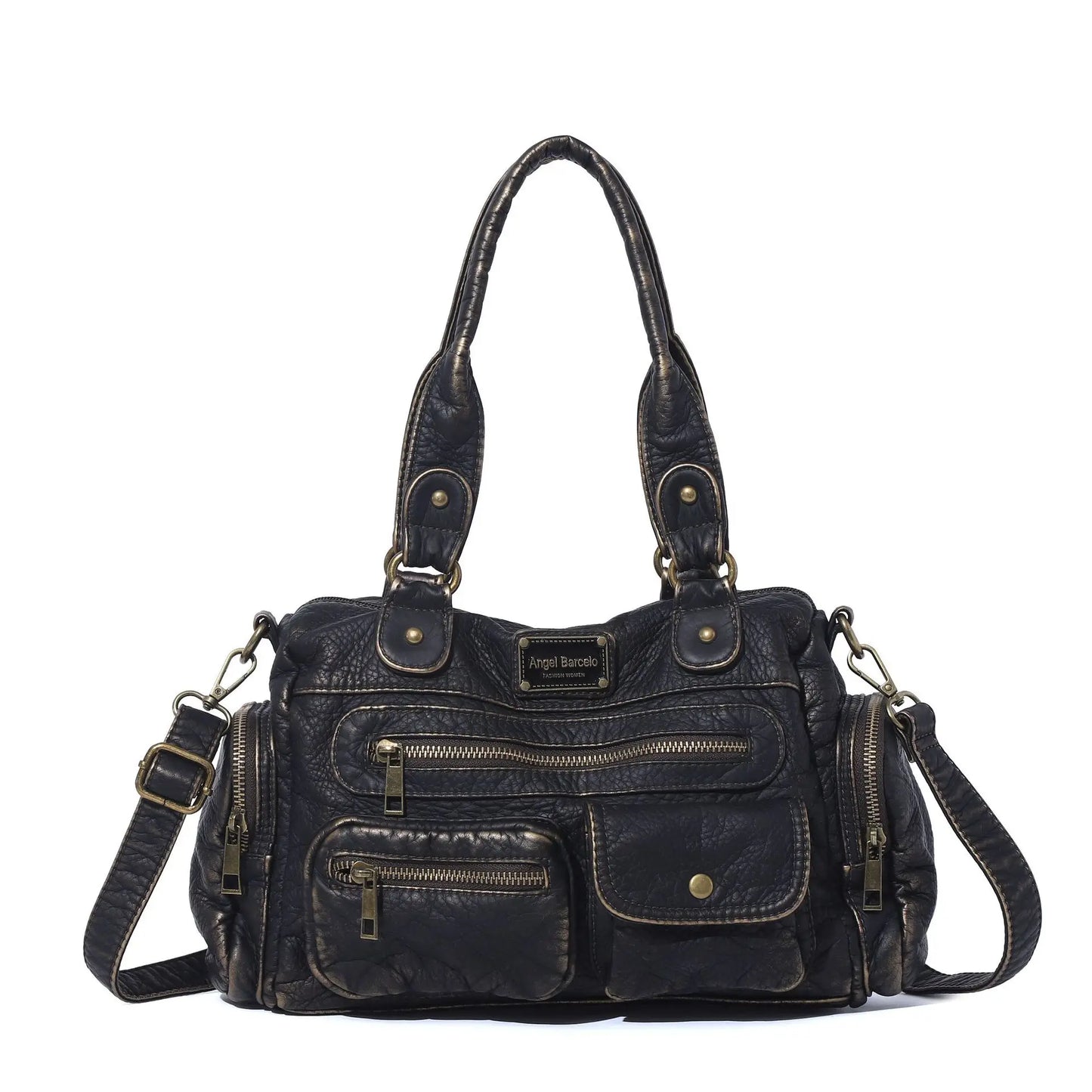 Damen-Satchel-Tasche Vintage-Schwarz Großes Fassungsvermögen Mit Abnehmbarem Tragegurt