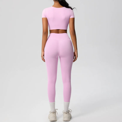 Yoga-Set für Damen: Crop-Top und High-Waist-Leggings, hellrosa, Rückenansicht komplett.