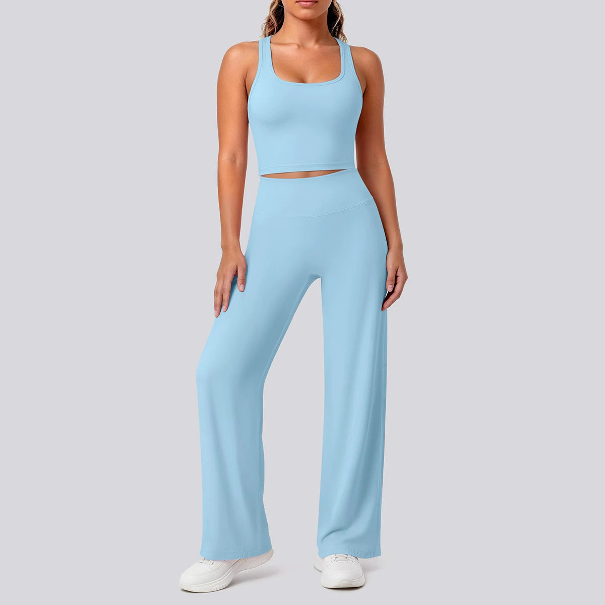 Damen Yoga-Set mit Crop-Top und locker fallender Hose, hellblau