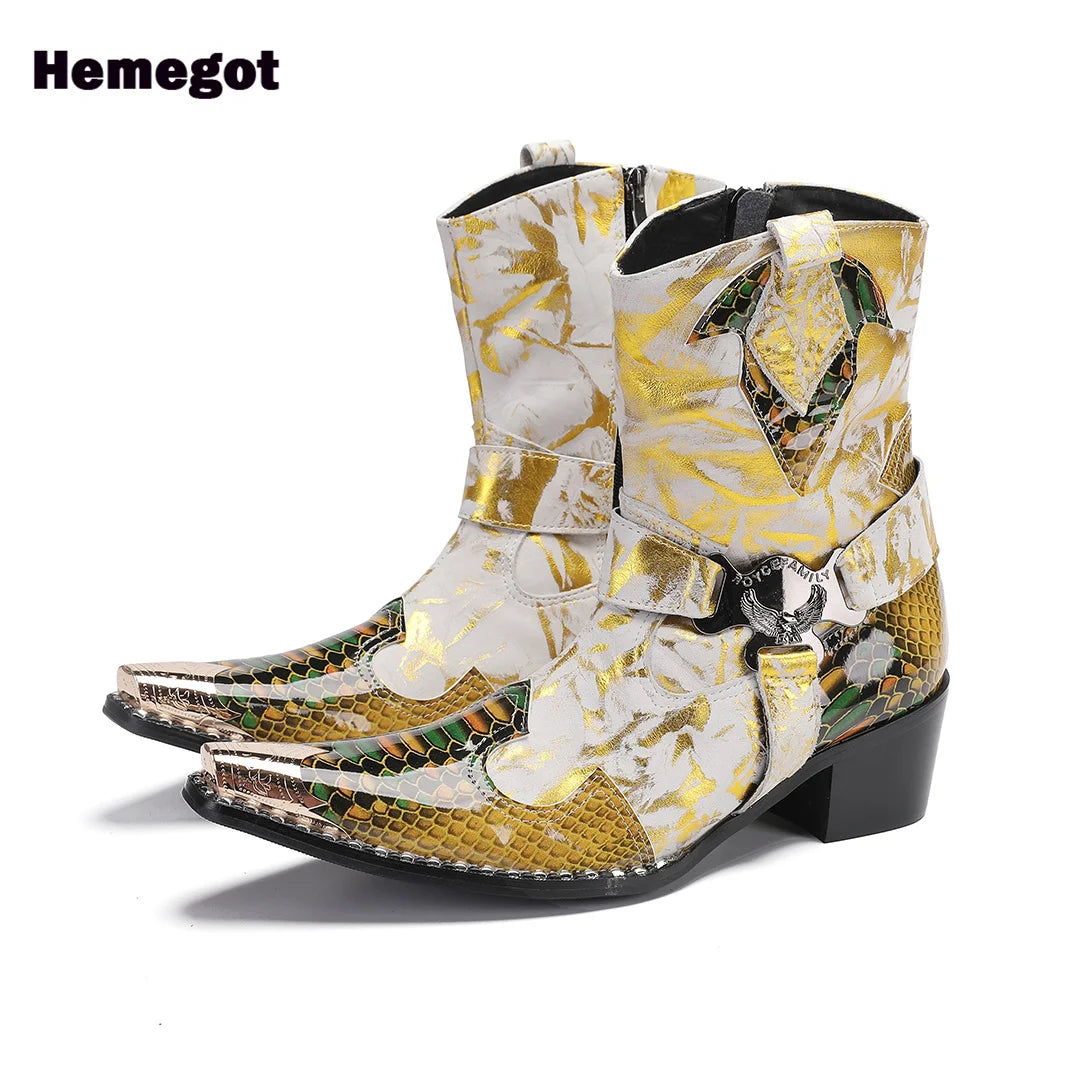 Herren-Stiefelette mit spitzer Kappe, gold-weißem Muster und seitlichem Reißverschluss