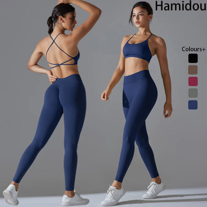 Nahtloses Yoga-Set aus dunkelblauem Sport-BH und Leggings, Rückenträger gekreuzt