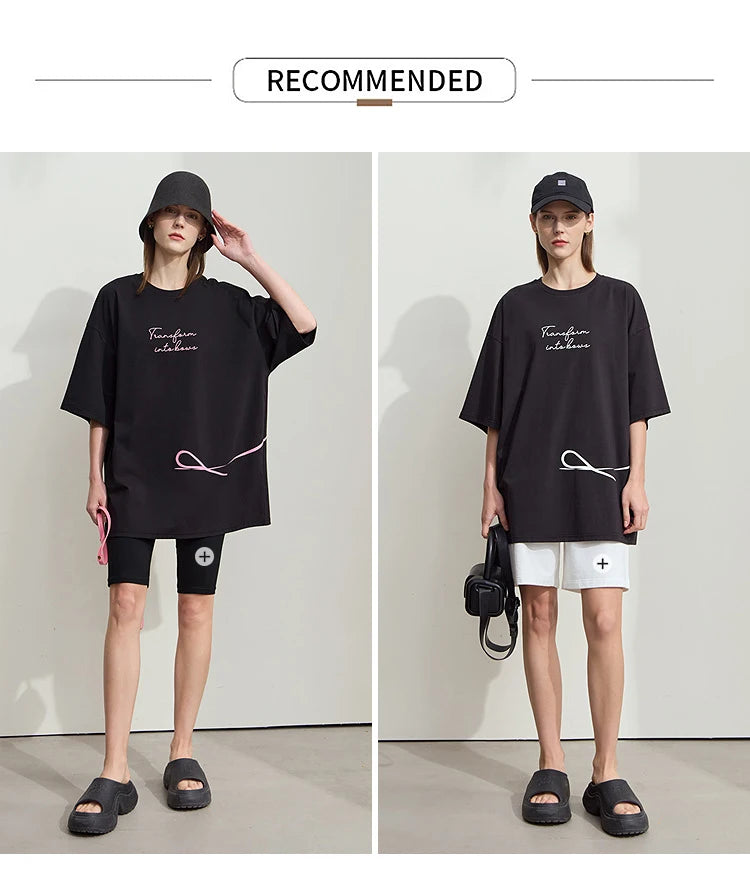 Damen T-Shirt aus ultraloch Stretch-Baumwolle mit Buchstaben-Bowknot-Aufdruck