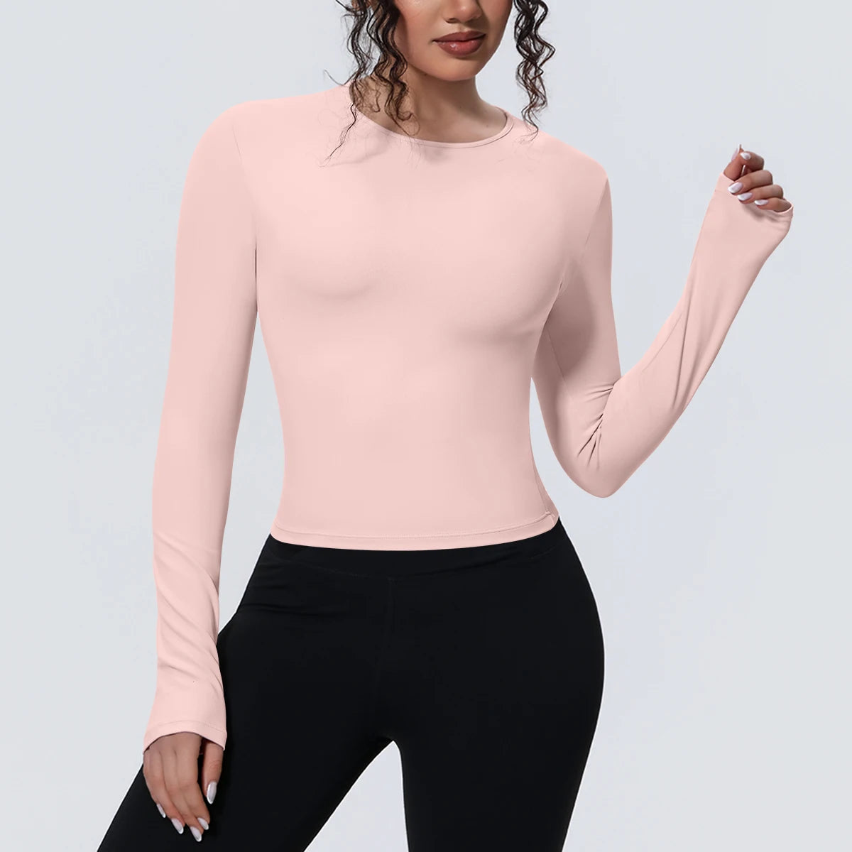 Yogashirt mit langen Ärmeln, roséfarben, körpernaher, glatter Stoff