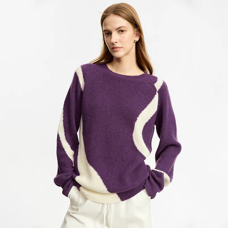 Damen-Rundhalspullover Wolle Yak asymmetrisch Patchwork locker Winter