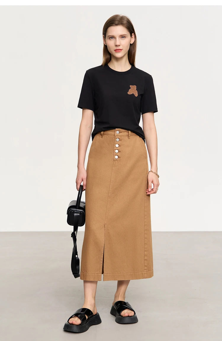 Damen Top im minimalistischen Stil mit Bären-Applikation und O-Ausschnitt