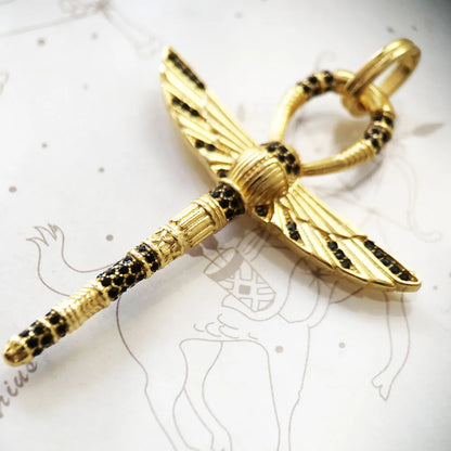Damen-Charm-Anhänger Ankh Kreuz Skarabäus golden Vintage aus Sterlingsilber
