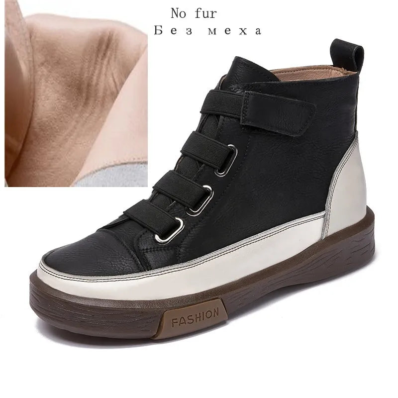Damen Winterstiefel aus Leder, schwarz, mit Riemen und Schnallen, flache Sohle