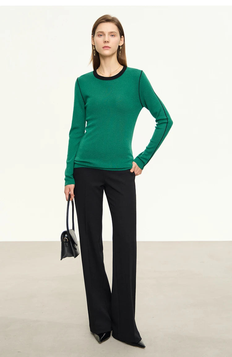 Damen-Rundhalspullover Patchwork Slim Wolle-Mix Herbst-Winter