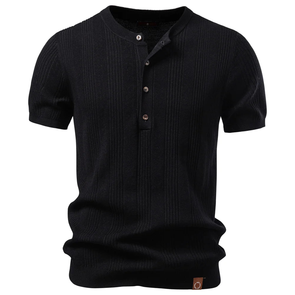 Henleyshirt mit Knopfleiste, Kurzarm und geripptem Streifenmuster in Schwarz