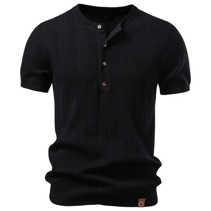Henleyshirt mit Knopfleiste, Kurzarm und geripptem Streifenmuster in Schwarz