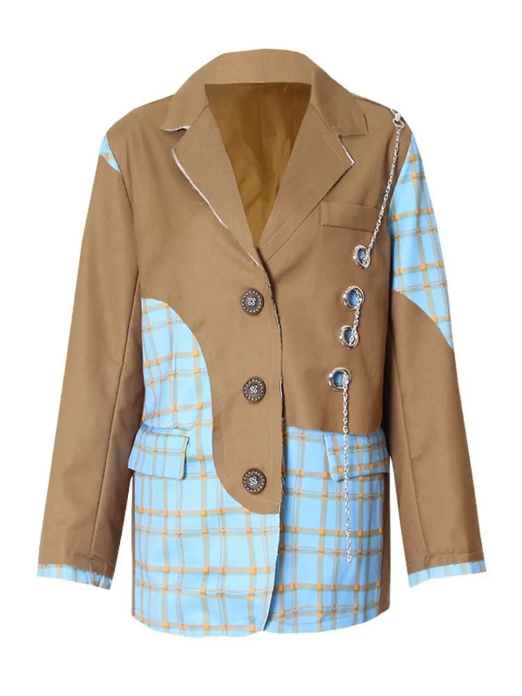 Patchwork-Blazer für Damen mit Knopfleiste, Notch-Kragen und langen Ärmeln – Designer-Mantel mit Hohldesign und Taschen.