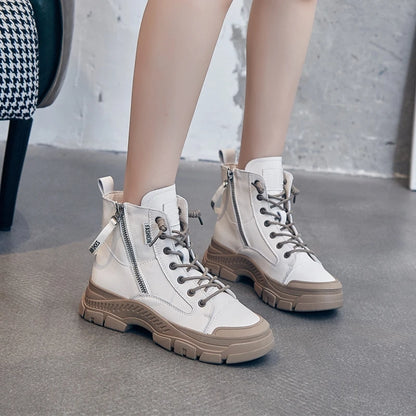 Weiße Damensneaker-Boots, Schnürung vorn, seitlicher Reißverschluss, robuste Profilsohle
