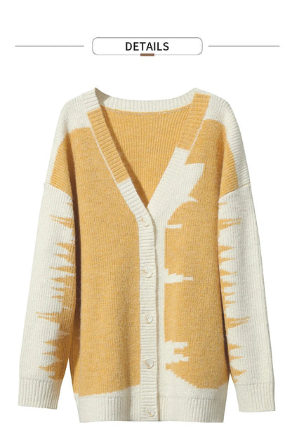 Damen V-Ausschnitt Cardigan lang Patchwork Wolle-Mix Winter