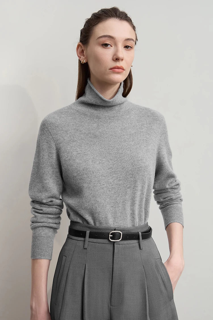Damen-Rollkragenpullover Wolle-Kaschmir locker einfarbig Herbst