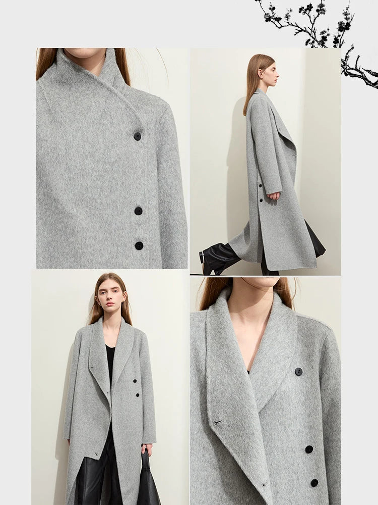 Damen Wollmantel im Minimalistischen Stil mit Stehkragen und Doppelseitigem Schlitz