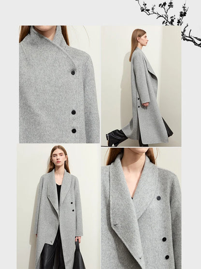 Damen Wollmantel im Minimalistischen Stil mit Stehkragen und Doppelseitigem Schlitz
