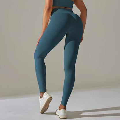 Nahtlose Yoga-Leggings mit hoher Taille, petrolblau, figurbetont, lange Beine