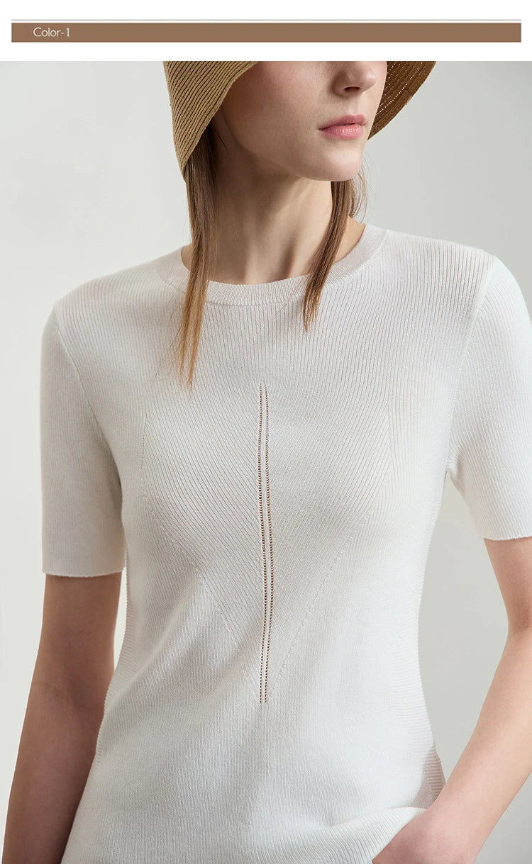 Damen-Rundhalspullover Lyocell Slim Kurzarm figurschmeichelnd Sommer