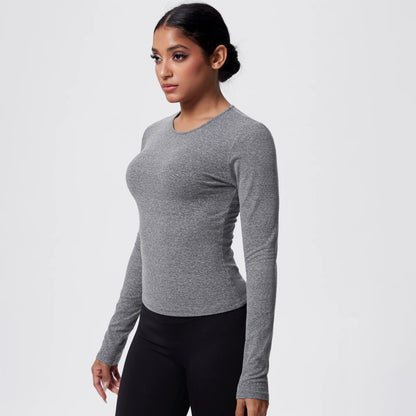 Damen-Langarmshirt für Yoga, grau meliert, langärmlig, schmal geschnitten