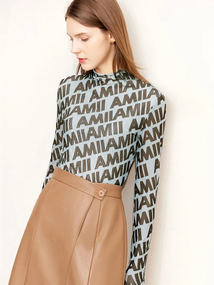 Damen Langarm T-Shirt mit Rollkragen im modischen AMII Logo Design